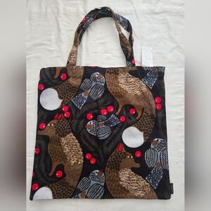 Marimekko Navy Blue, Brown, Red & Black Tote Bag With Fox And Birds 100% Cotton